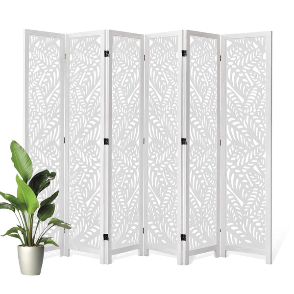 Solid Wood Folding Room Divider with Leaf Cutout Design   Wooden Bazar