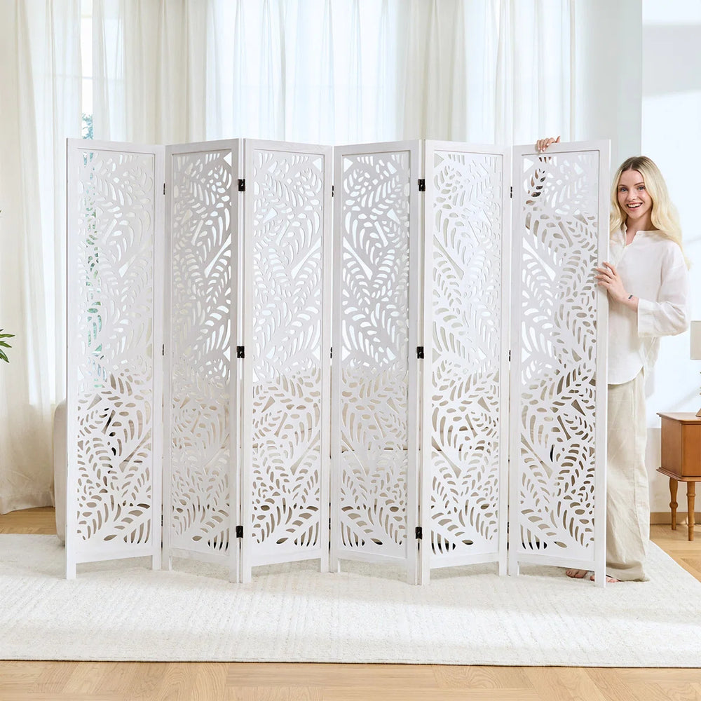 Solid Wood Folding Room Divider with Leaf Cutout Design   Wooden Bazar