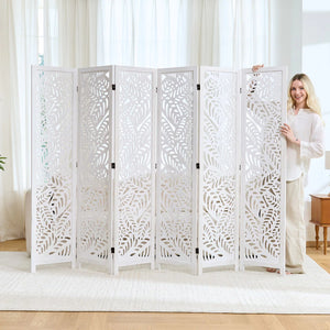 Solid Wood Folding Room Divider with Leaf Cutout Design   Wooden Bazar