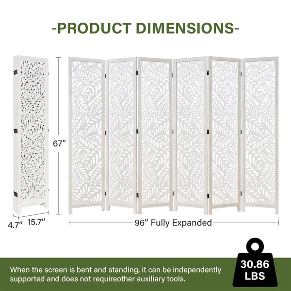 Solid Wood Folding Room Divider with Leaf Cutout Design   Wooden Bazar