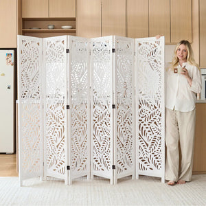 Solid Wood Folding Room Divider with Leaf Cutout Design   Wooden Bazar