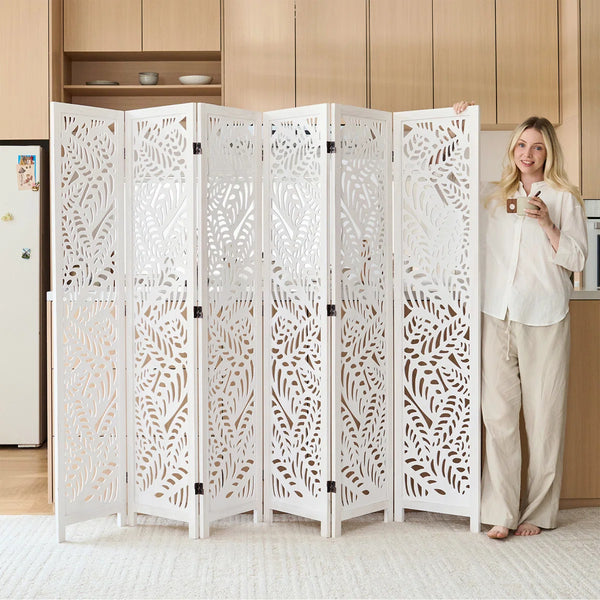 Solid Wood Folding Room Divider with Leaf Cutout Design   Wooden Bazar