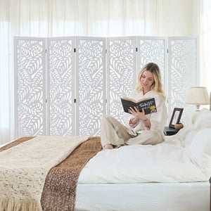 Solid Wood Folding Room Divider with Leaf Cutout Design   Wooden Bazar