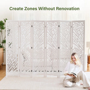 Solid Wood Folding Room Divider with Leaf Cutout Design   Wooden Bazar