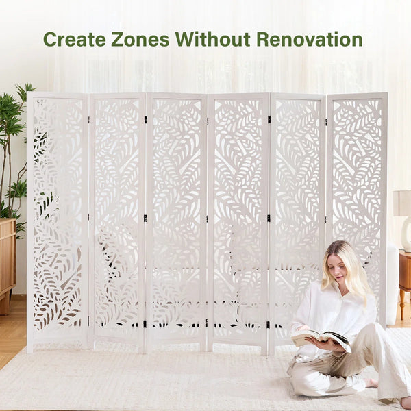 Solid Wood Folding Room Divider with Leaf Cutout Design   Wooden Bazar