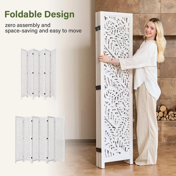 Solid Wood Folding Room Divider with Leaf Cutout Design   Wooden Bazar