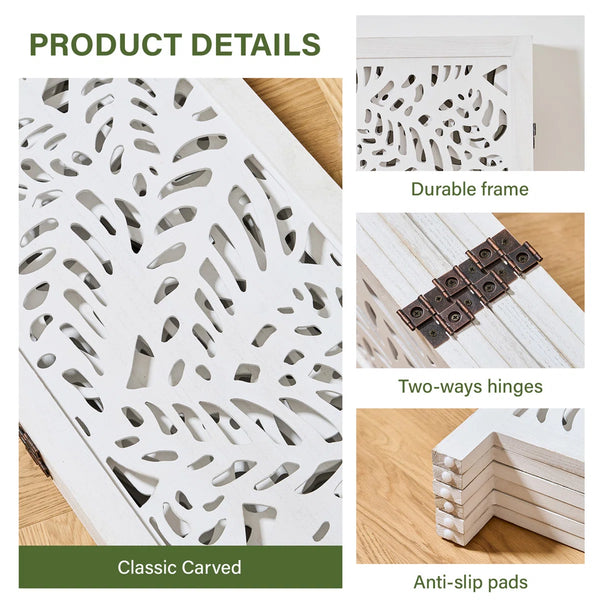 Solid Wood Folding Room Divider with Leaf Cutout Design   Wooden Bazar