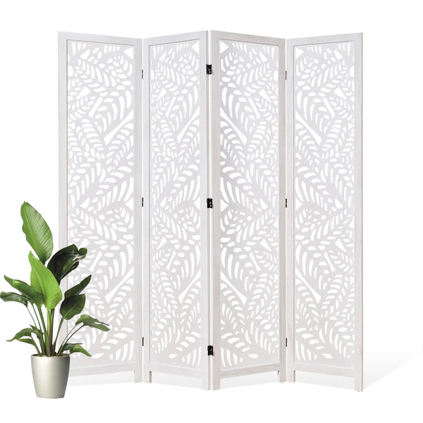 Solid Wood Folding Room Divider with Floral Leaf Cutout Design  Wooden Bazar