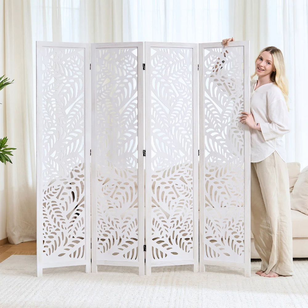 Solid Wood Folding Room Divider with Floral Leaf Cutout Design  Wooden Bazar