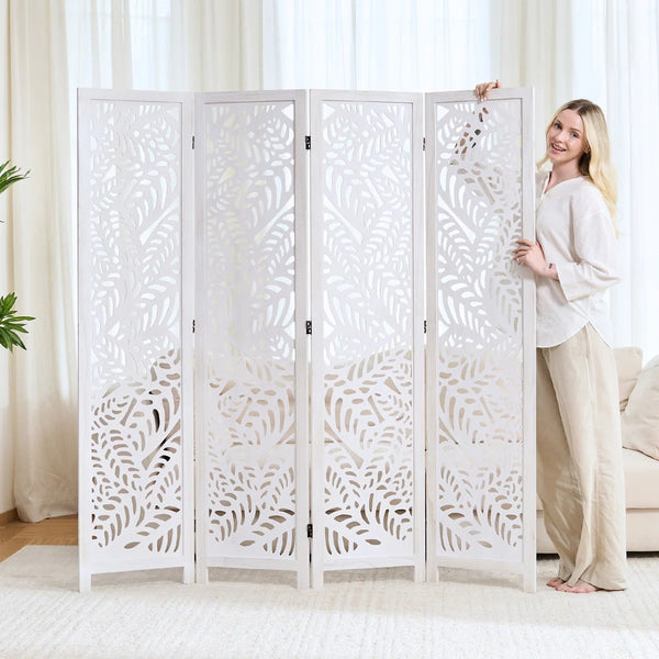 Solid Wood Folding Room Divider with Floral Leaf Cutout Design  Wooden Bazar