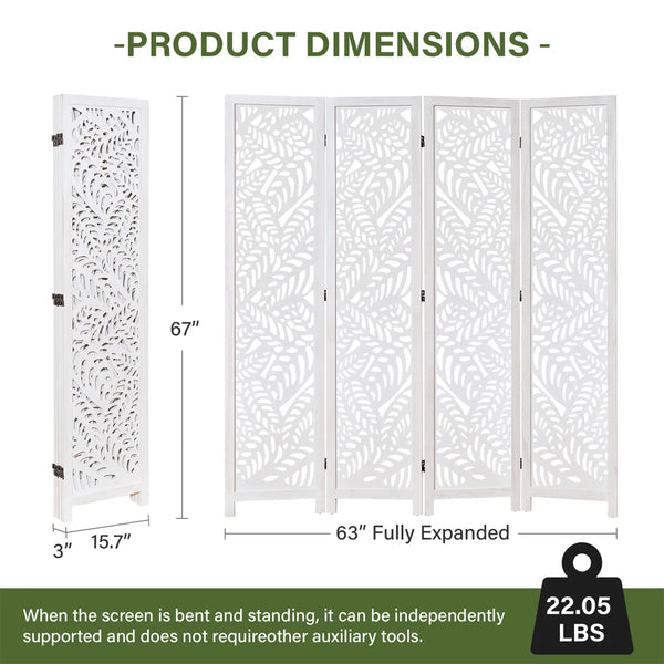 Solid Wood Folding Room Divider with Floral Leaf Cutout Design  Wooden Bazar