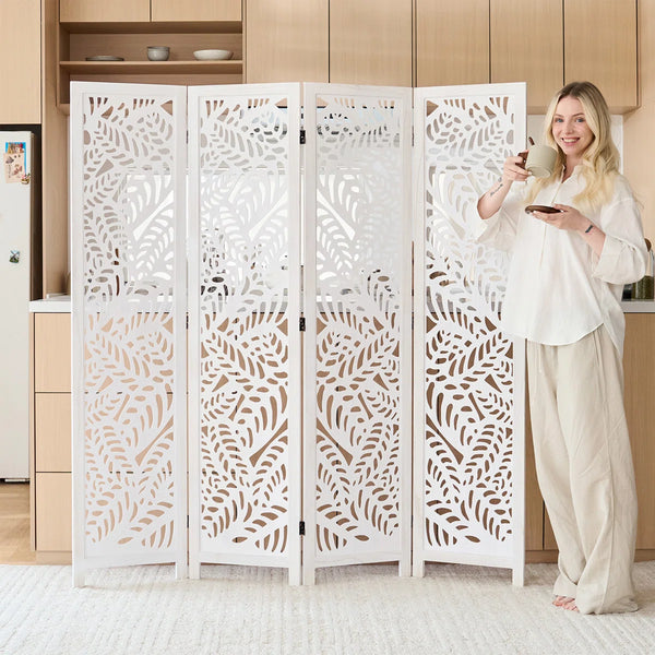 Solid Wood Folding Room Divider with Floral Leaf Cutout Design  Wooden Bazar