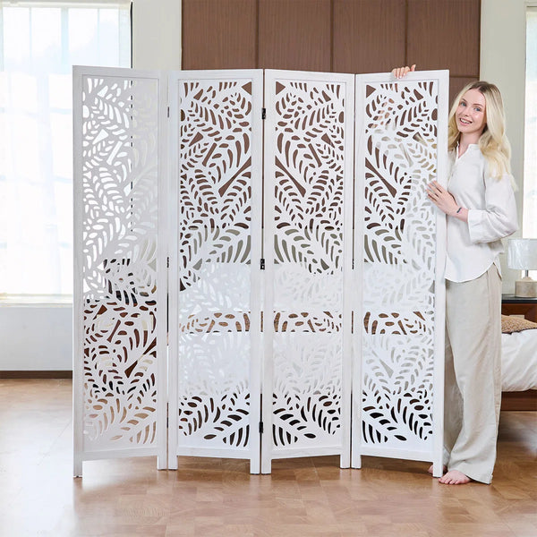 Solid Wood Folding Room Divider with Floral Leaf Cutout Design  Wooden Bazar