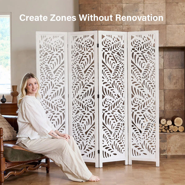 Solid Wood Folding Room Divider with Floral Leaf Cutout Design  Wooden Bazar