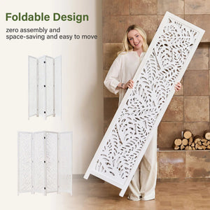 Solid Wood Folding Room Divider with Floral Leaf Cutout Design  Wooden Bazar