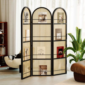 Arched Folding Room Divider with Magazine Display Racks  Wooden Bazar