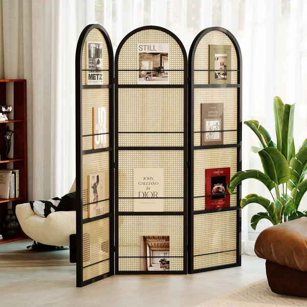 Arched Folding Room Divider with Magazine Display Racks  Wooden Bazar
