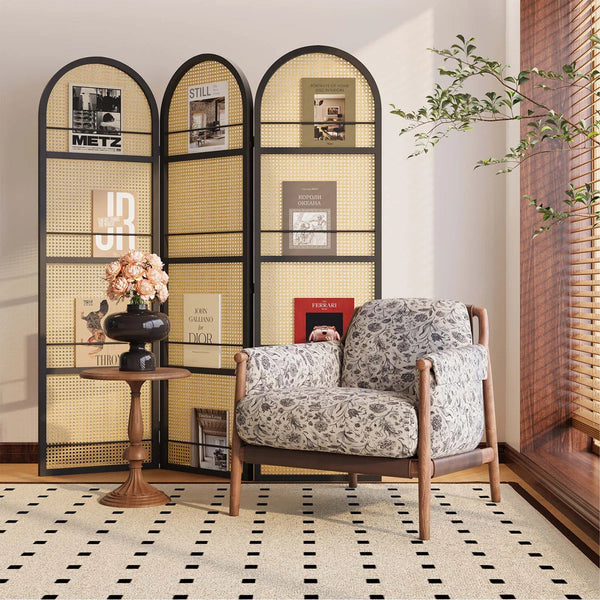 Arched Folding Room Divider with Magazine Display Racks  Wooden Bazar