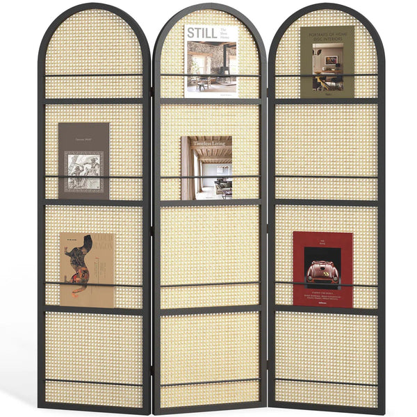 Arched Folding Room Divider with Magazine Display Racks  Wooden Bazar