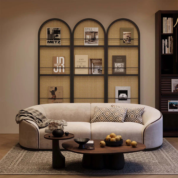 Arched Folding Room Divider with Magazine Display Racks  Wooden Bazar