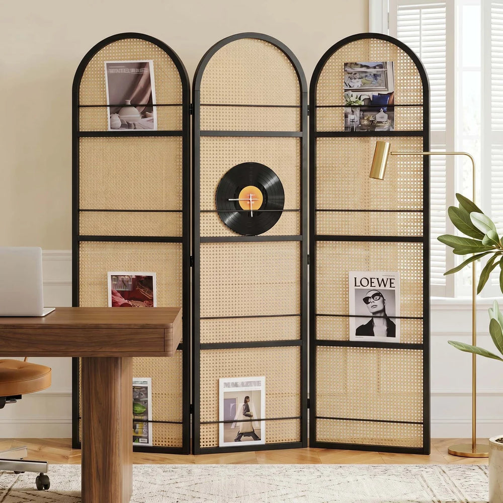 Arched Top Folding Room Divider with Magazine and Vinyl Display Shelves  Wooden Bazar