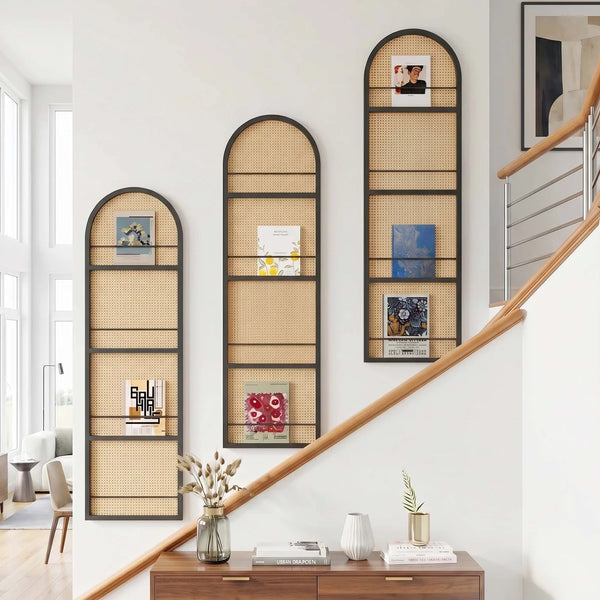 Arched Top Folding Room Divider with Magazine and Vinyl Display Shelves  Wooden Bazar