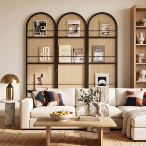 Arched Top Folding Room Divider with Magazine and Vinyl Display Shelves  Wooden Bazar