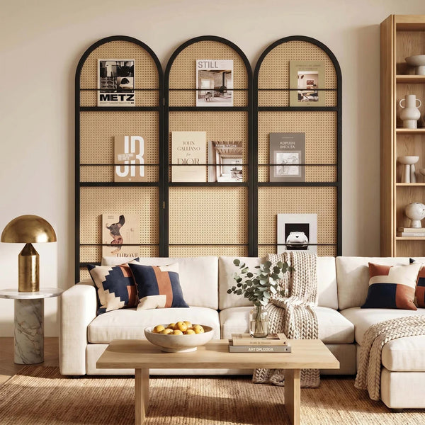 Arched Top Folding Room Divider with Magazine and Vinyl Display Shelves  Wooden Bazar