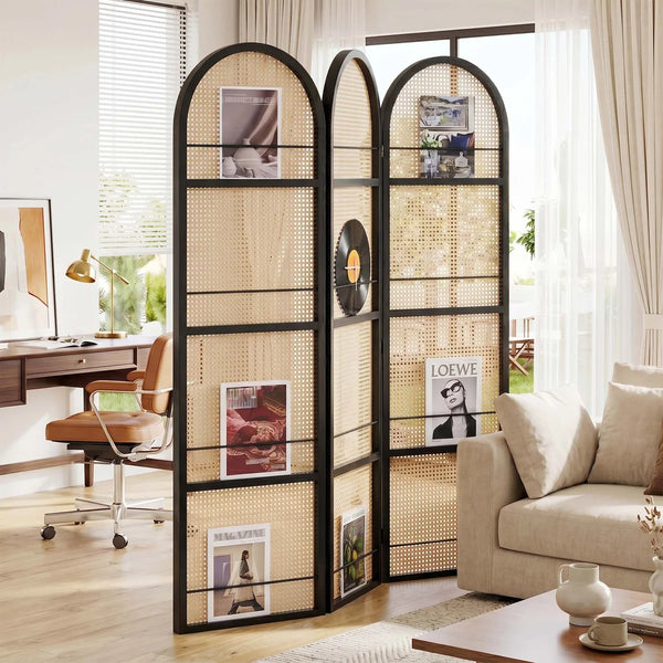 Arched Top Folding Room Divider with Magazine and Vinyl Display Shelves  Wooden Bazar