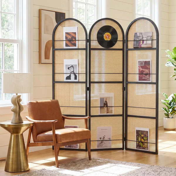 Arched Top Folding Room Divider with Magazine and Vinyl Display Shelves  Wooden Bazar