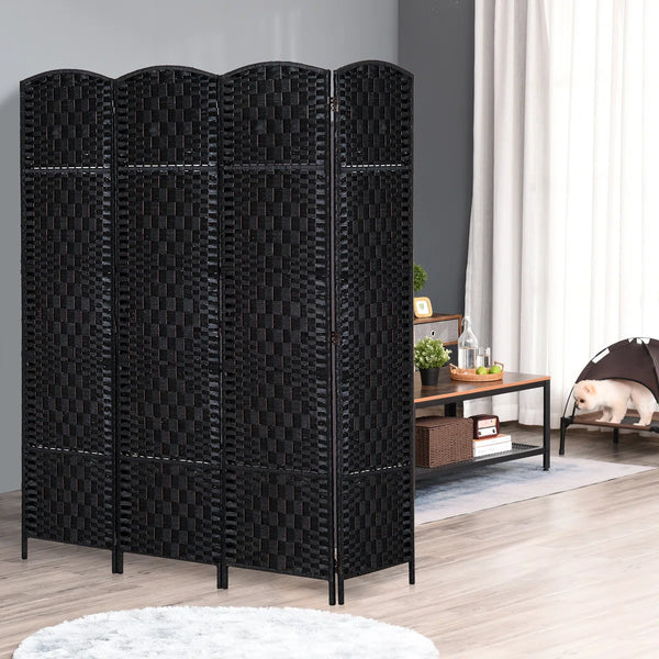 Black Wicker Weave Panel Folding Room Divider  Wooden Bazar