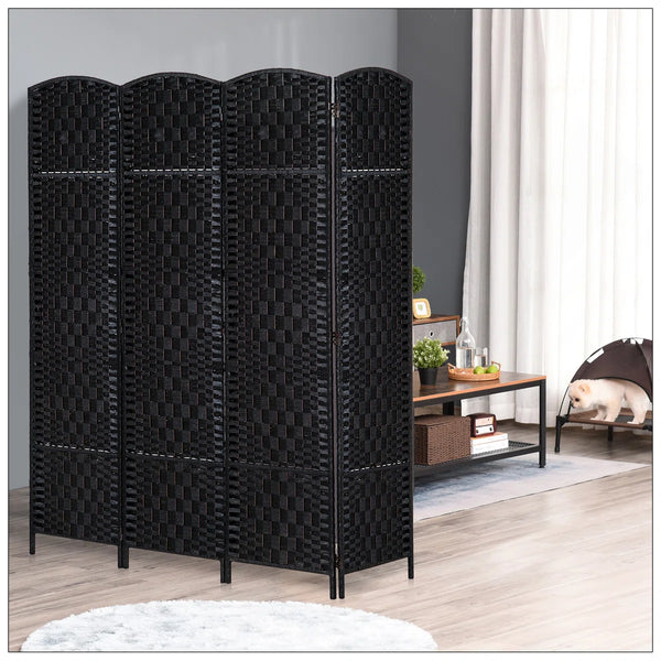 Black Wicker Weave Panel Folding Room Divider  Wooden Bazar