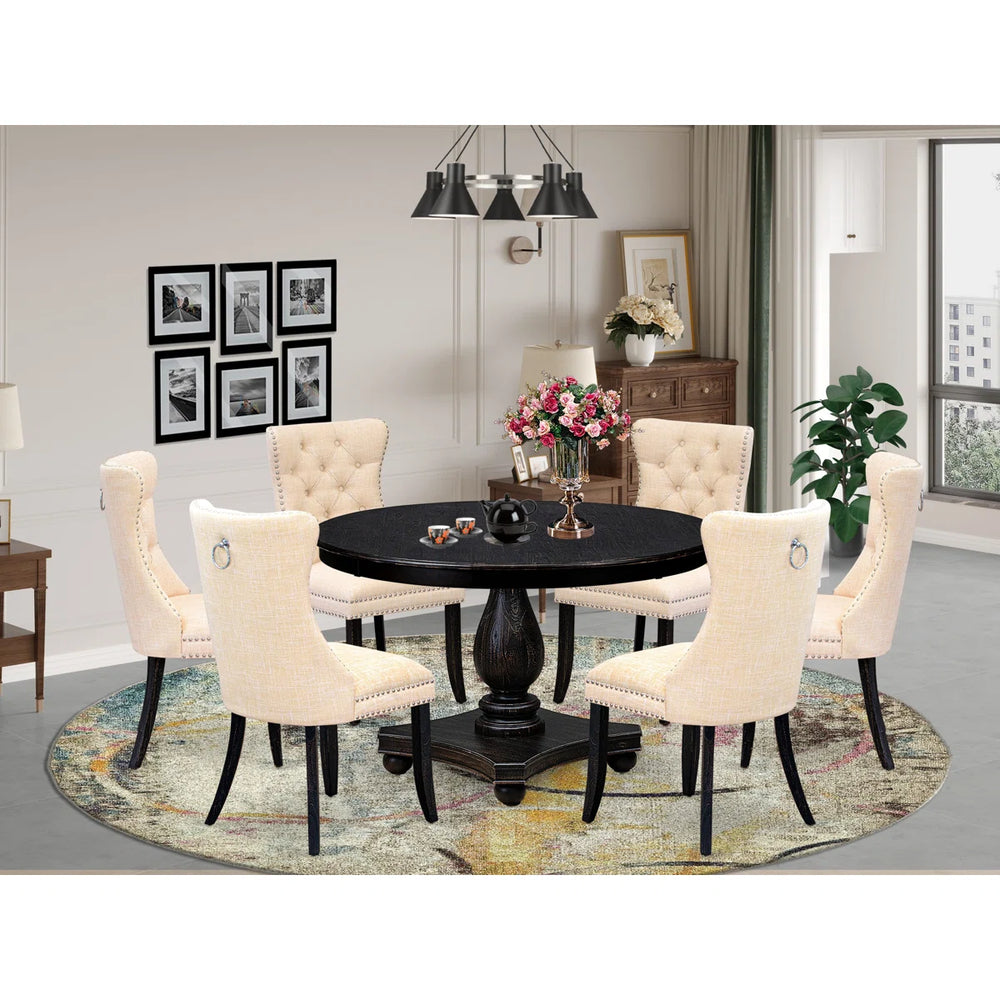 Kitchen Table Set Consists of a 48" Round Table with Pedestal and 6 Black Polyester Fabric Upholstered Chairs