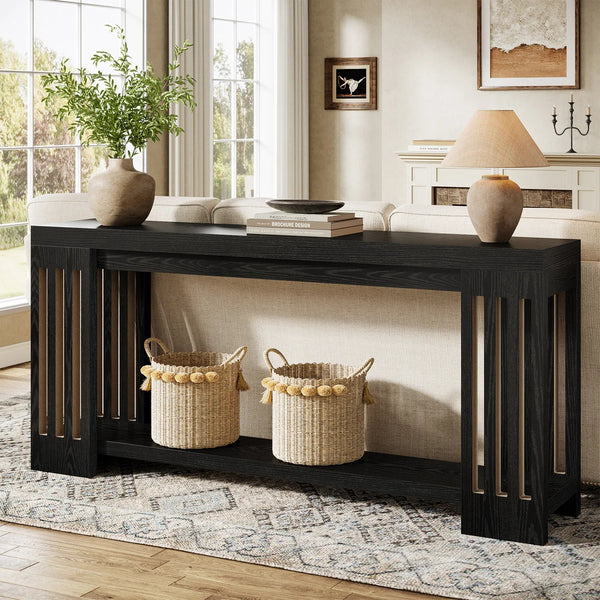 Light Brown Farmhouse Console Table with 2-Tier Storage  Wooden Bazar