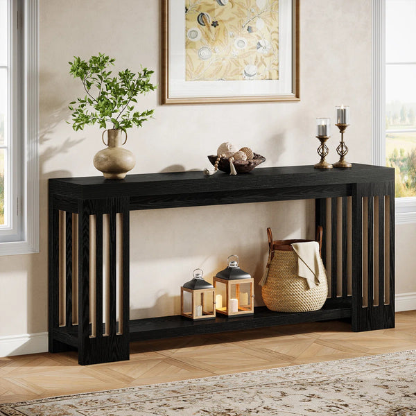 Light Brown Farmhouse Console Table with 2-Tier Storage  Wooden Bazar