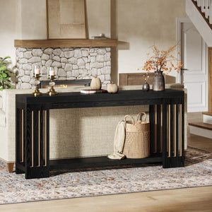 Light Brown Farmhouse Console Table with 2-Tier Storage  Wooden Bazar