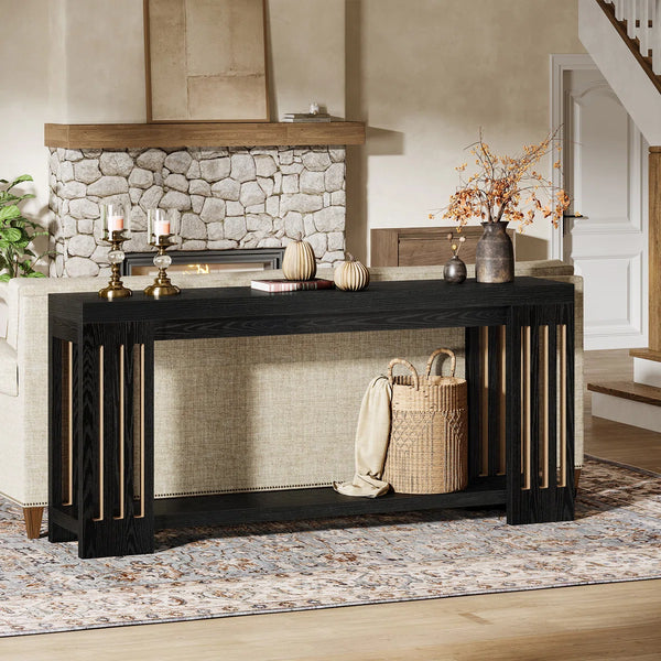 Light Brown Farmhouse Console Table with 2-Tier Storage  Wooden Bazar