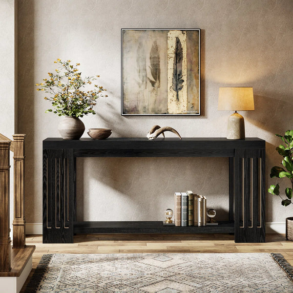 Light Brown Farmhouse Console Table with 2-Tier Storage  Wooden Bazar