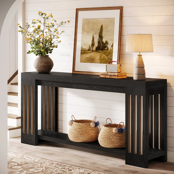 Light Brown Farmhouse Console Table with 2-Tier Storage  Wooden Bazar