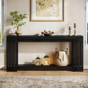 Light Brown Farmhouse Console Table with 2-Tier Storage  Wooden Bazar