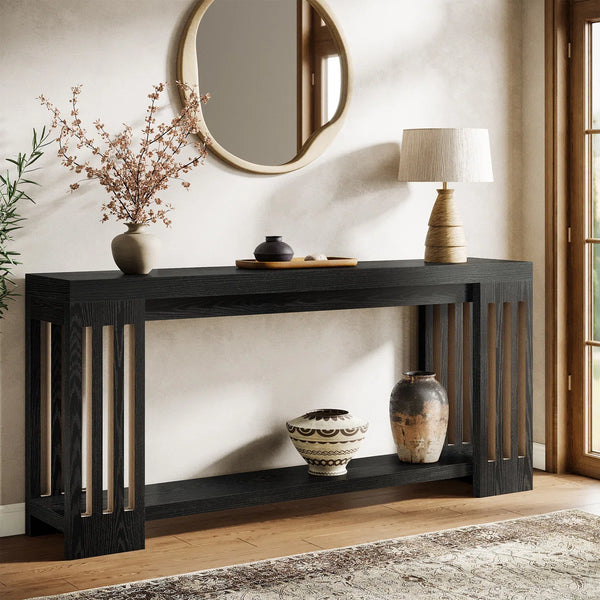 Light Brown Farmhouse Console Table with 2-Tier Storage  Wooden Bazar