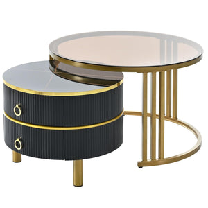 Round Nesting Coffee Table with Tempered Glass, Marble Top & Drawers