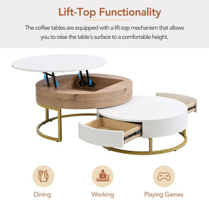 Modern Lift-Top Nesting Coffee Table with Drawers Hidden Compartment Adjustable Storage Shelf, Furniture for Living Room, White/Natural