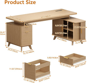Farmhouse L Shaped Executive Desk with Drawers & Sliding Doors Fluted Storage Cabinet