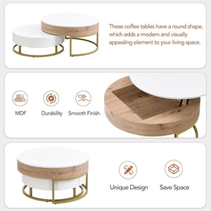 Modern Lift-Top Nesting Coffee Table with Drawers Hidden Compartment Adjustable Storage Shelf, Furniture for Living Room, White/Natural