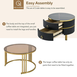 Round Nesting Coffee Table with Tempered Glass, Marble Top & Drawers
