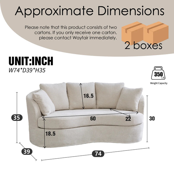73.8" W Chenille Upholstered Slipcovered Curved Sofa  Wooden Bazar
