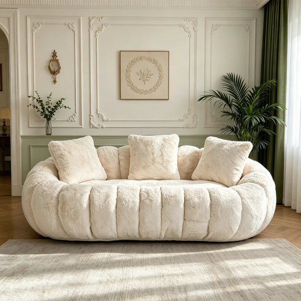 75.49" Beige Faux Fur 2-Seater Petal Shaped Loveseat Sofa, Contemporary Plush Upholstered Flower Couch with 3 Throw Pillows for Living Room Bedroom  Wooden Bazar
