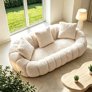 75.49" Beige Faux Fur 2-Seater Petal Shaped Loveseat Sofa, Contemporary Plush Upholstered Flower Couch with 3 Throw Pillows for Living Room Bedroom  Wooden Bazar