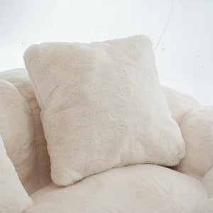 75.49" Beige Faux Fur 2-Seater Petal Shaped Loveseat Sofa, Contemporary Plush Upholstered Flower Couch with 3 Throw Pillows for Living Room Bedroom  Wooden Bazar